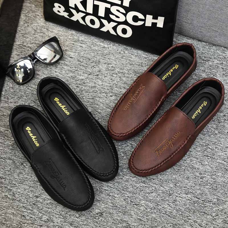 Men Casual Round Toe Letter Design Solid Color PU Leather Shoes Loafers