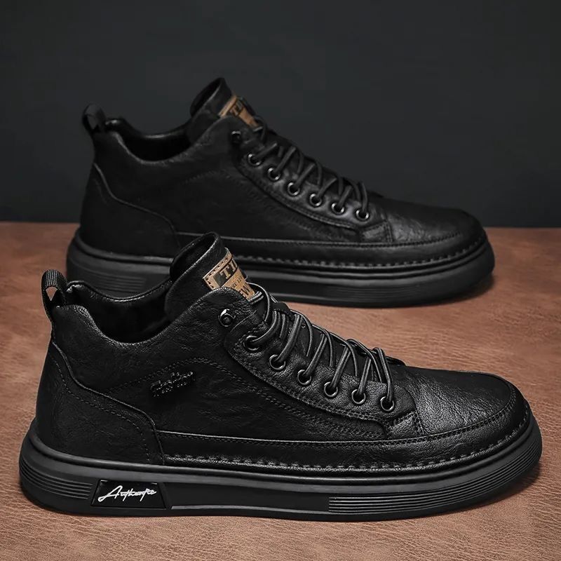 Men Fashion Casual Solid Color Lace-Up Thick-Soled High Top PU Leather Shoes