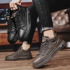 Men Fashion Casual Solid Color Lace-Up Thick-Soled High Top PU Leather Shoes