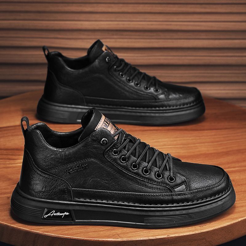 Men Fashion Casual Solid Color Lace-Up Thick-Soled High Top PU Leather Shoes
